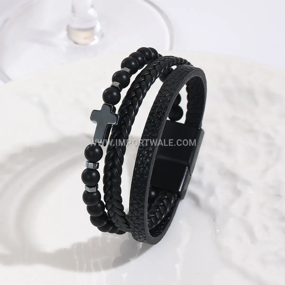 Men's Woven Leather Beads Cross Charm Magnetic Clasp Wristband