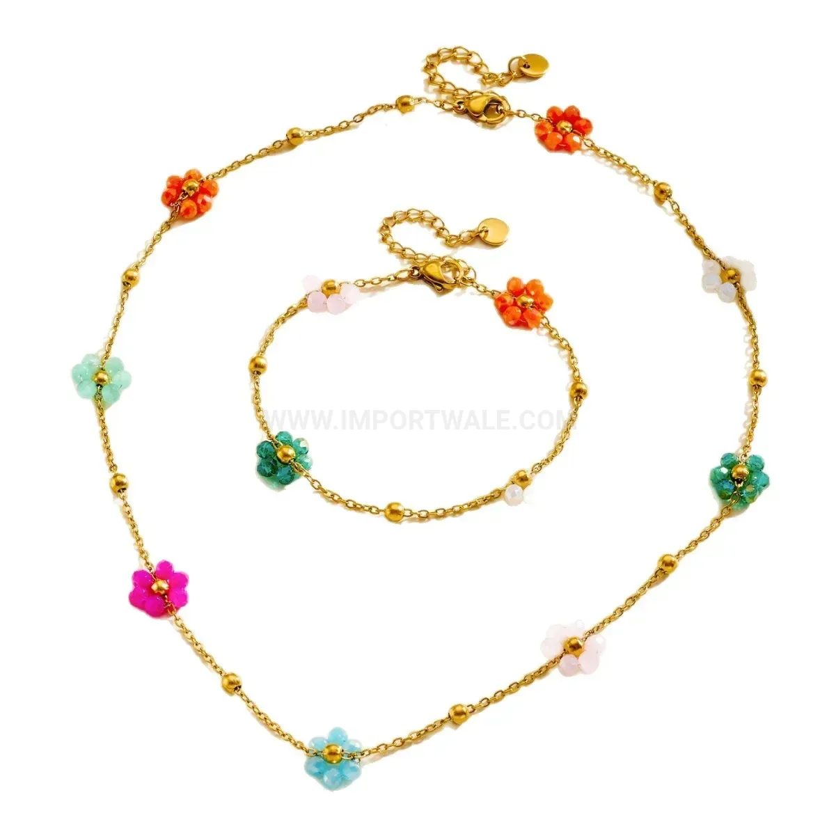Floral Crystal Stainless Steel Chain Link Bracelet