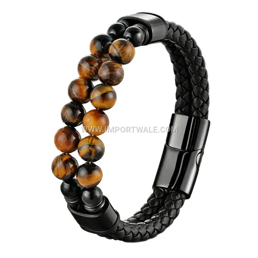 Braided Leather Wristband with Tiger Eye Stone and Magnetic Clasp