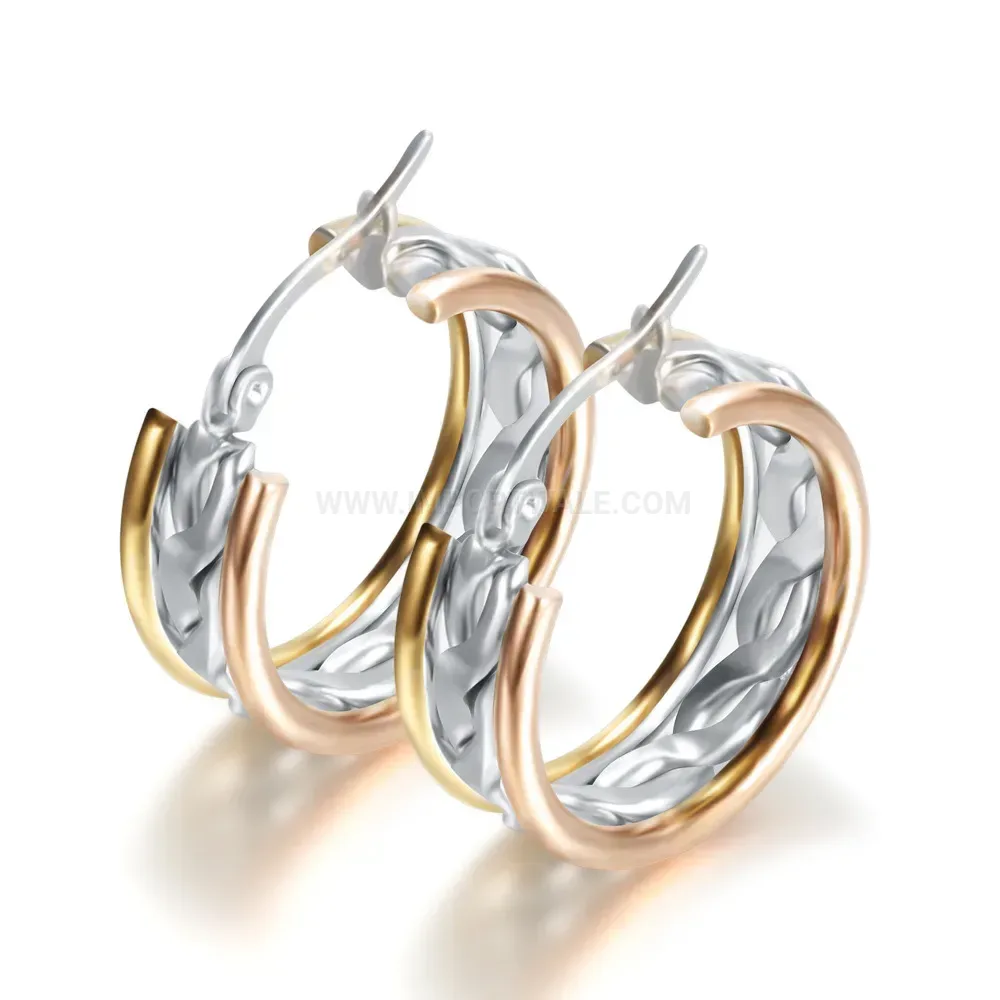 Chic Two-Tone Textured Cutout Stainless Steel Hoop Earrings