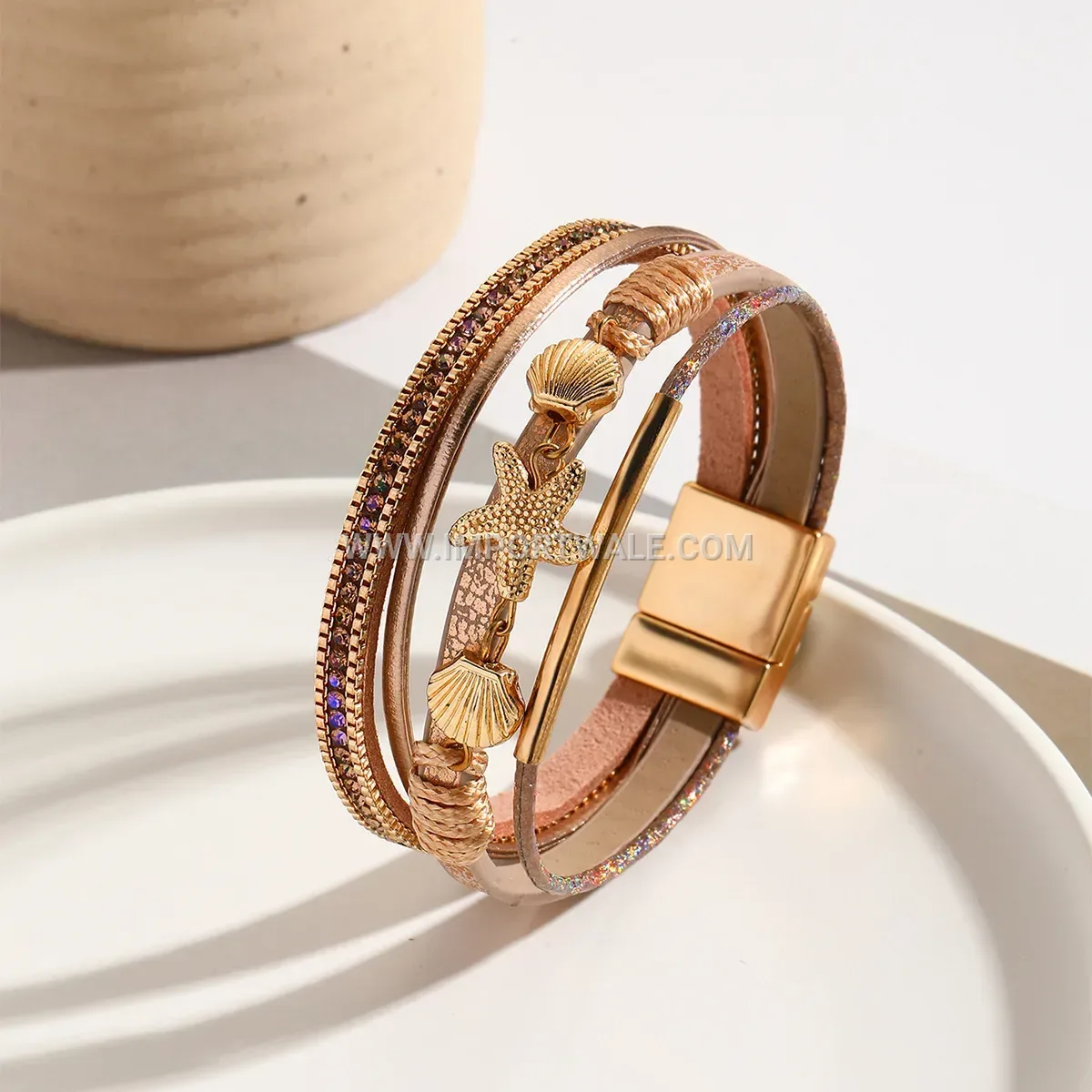 Handcrafted Starfish And Shell Woven Leather Bangle