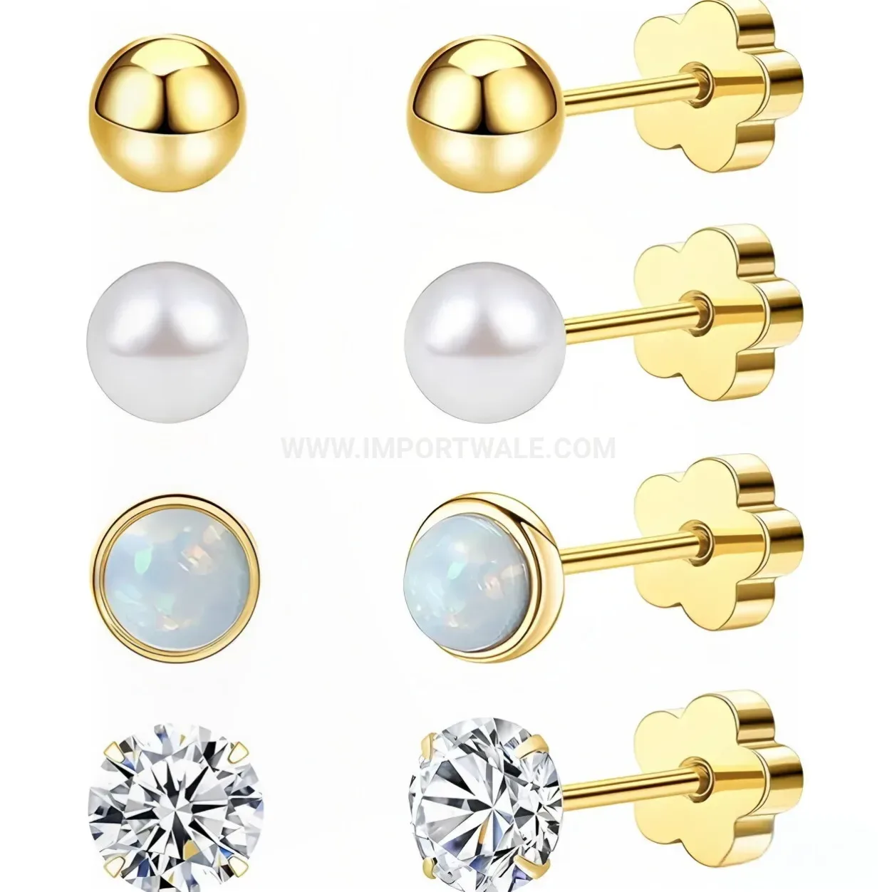Stylish Four Leaf Clover Pearl Zirconia Screw Back Stainless Steel Piercing Set