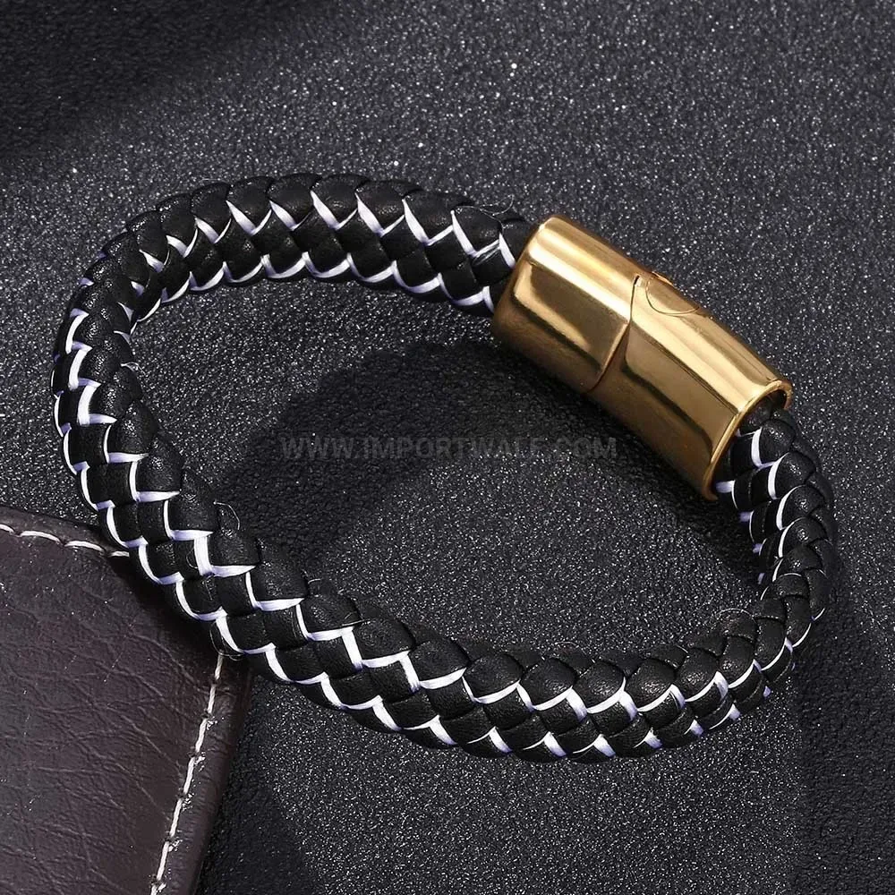 Two-Tone Woven Leather Bracelet with Gold-Tone Magnetic Clasp