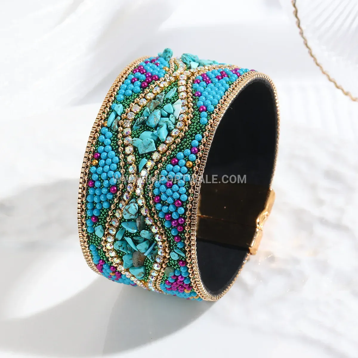 Bohemian Leather Gemstone Wrap Cuff with Stainless Steel Clasp