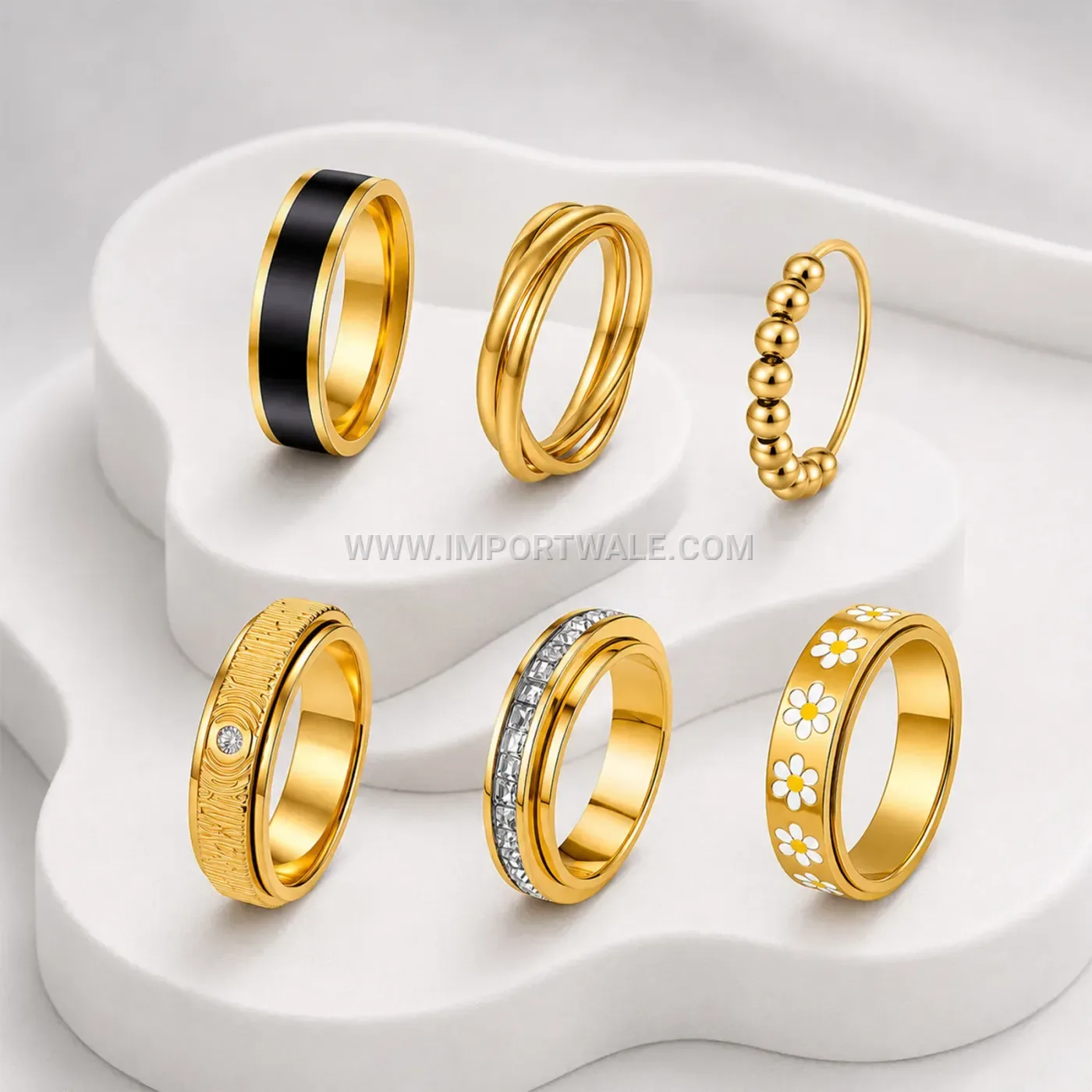 Rotatable Crystal Stainless Steel Stacking Ring Set