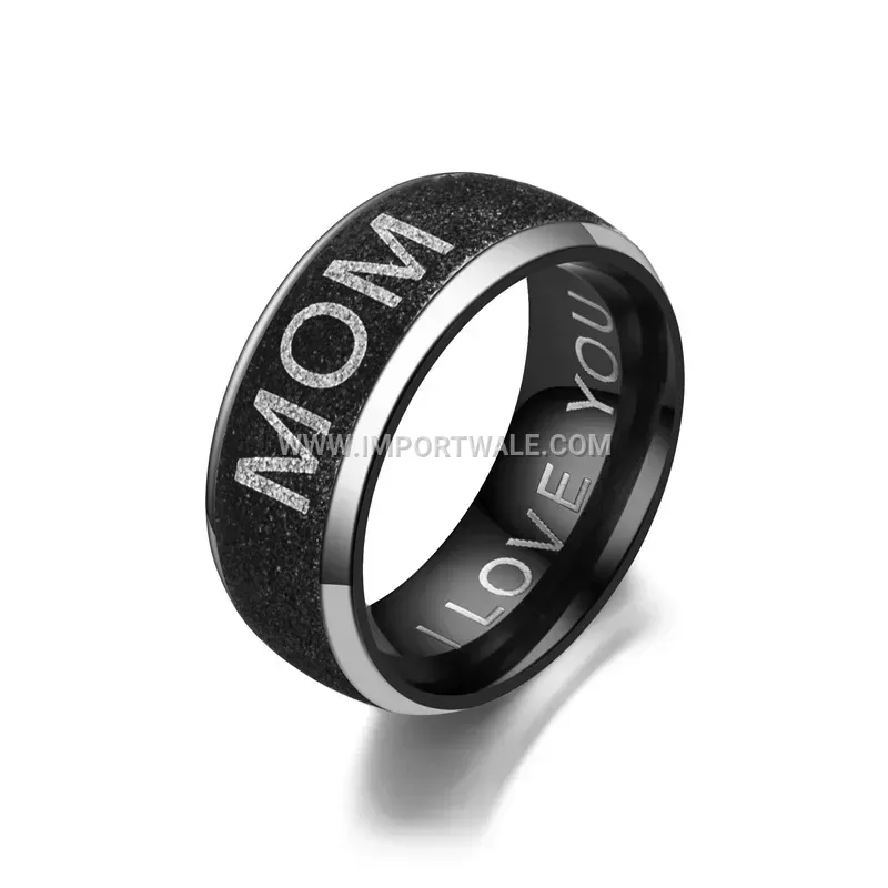 Black Stainless Steel Family Engraved Minimalist Ring