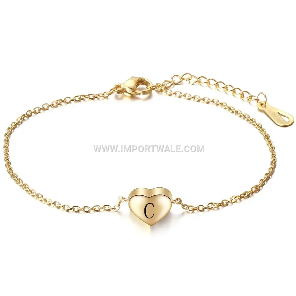 Stainless Steel Heart Charm Initial Bracelet for Women