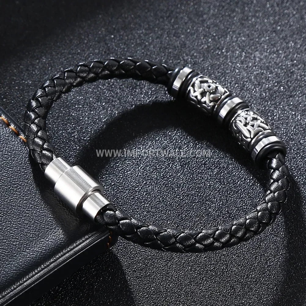 Double Strand Braided Genuine Leather Stainless Steel Bracelet