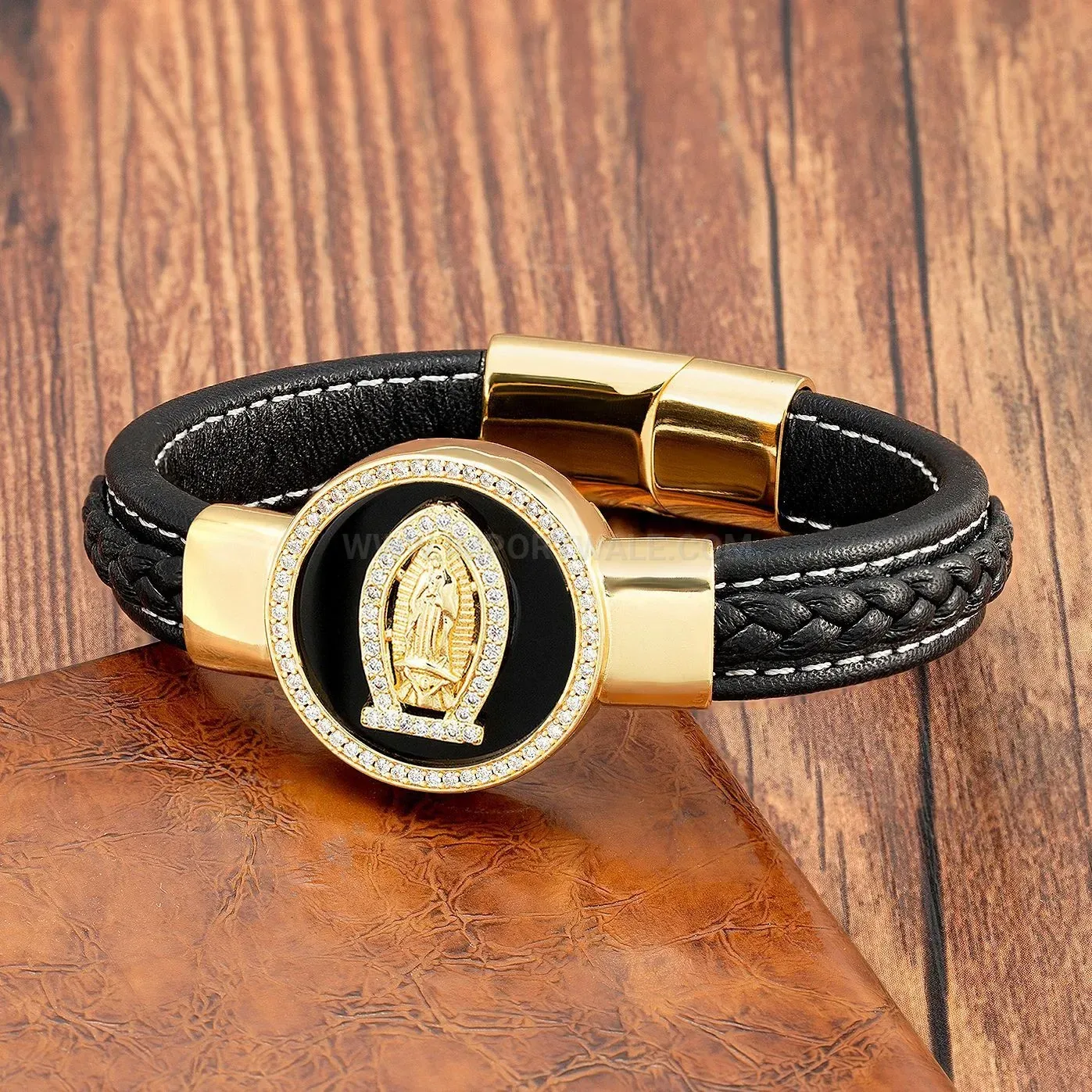 Vintage Religious Metallic Round Stone Braided Leather Clasp Bracelet