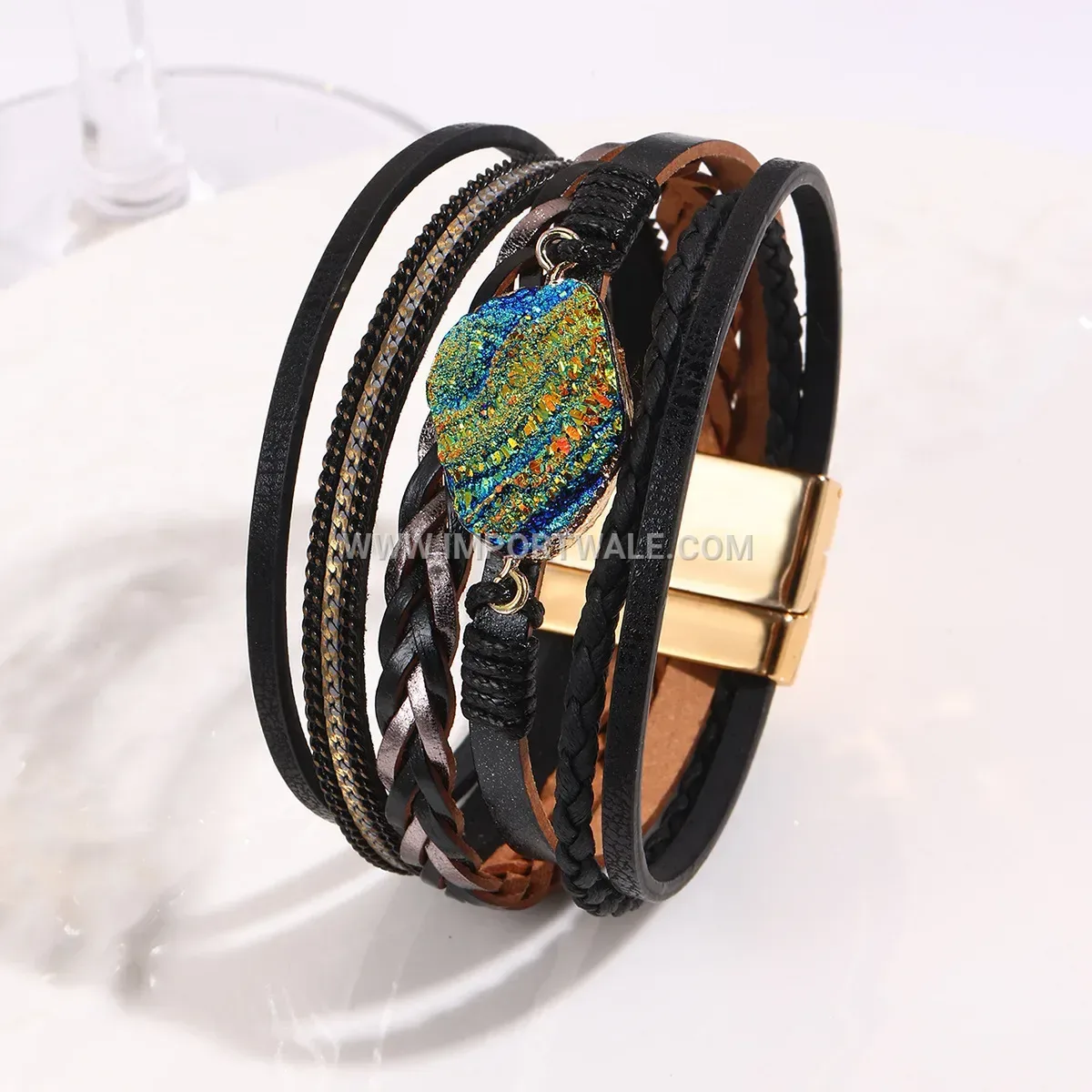 Bohemian Multi-Layer Faux Leather Rhinestone Bracelet with Magnetic Clasp