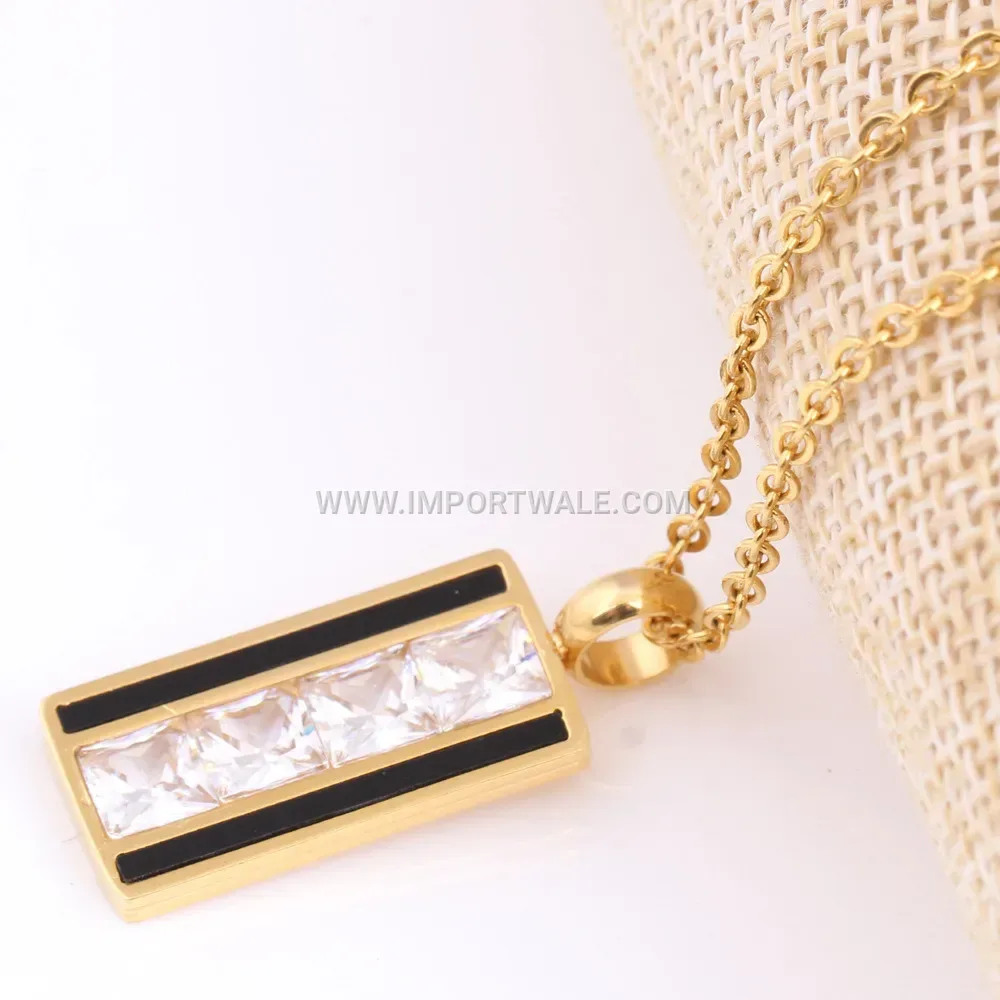 18K Gold Plated Stainless Steel Rectangular Zircon Inlaid Pendant Necklace
