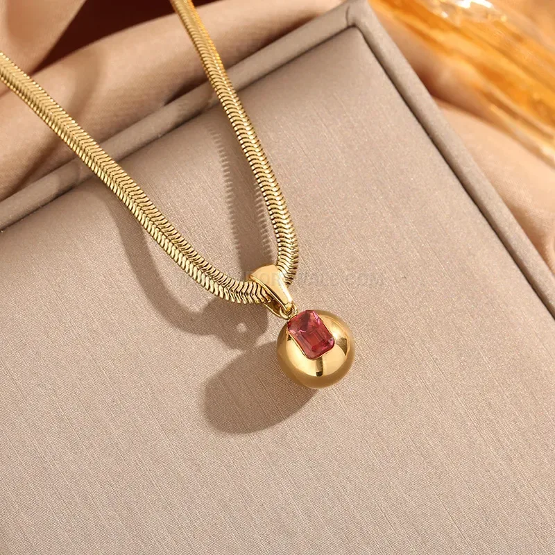 Vintage Red Crystal Sphere Pendant Stainless Steel Necklace