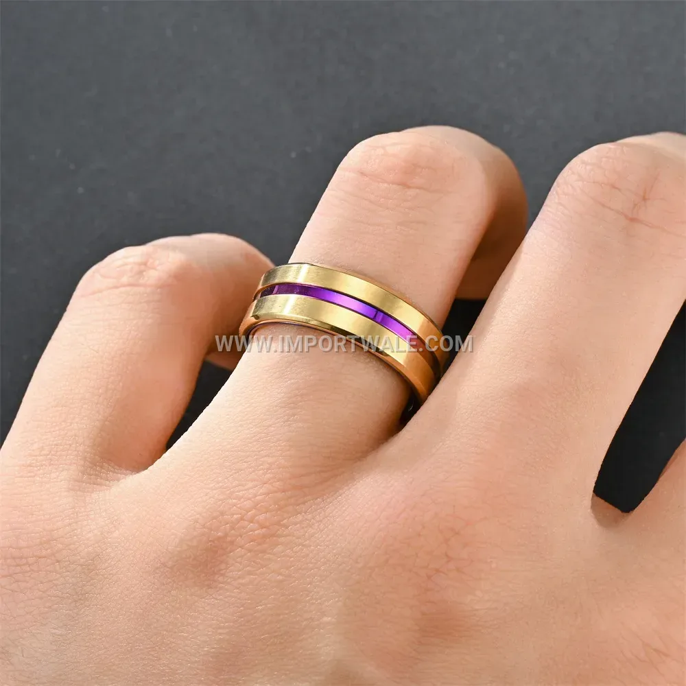 Stainless Steel Beveled Grooved Band Ring with Colorful Inlay