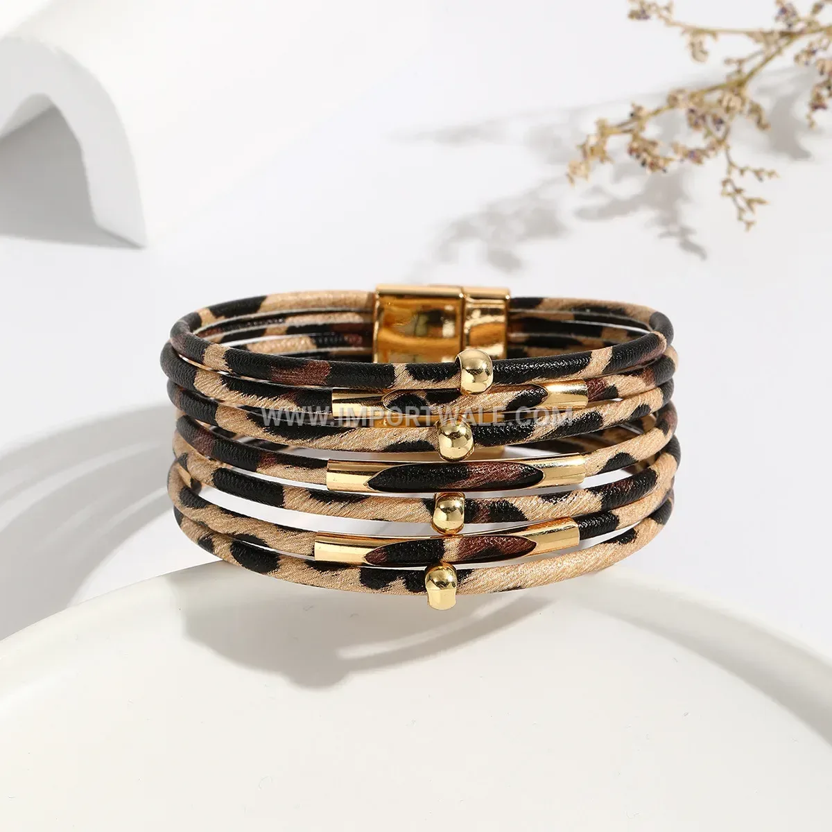 Multi-Strand Leopard Print Leather Bracelet with Curved Tube