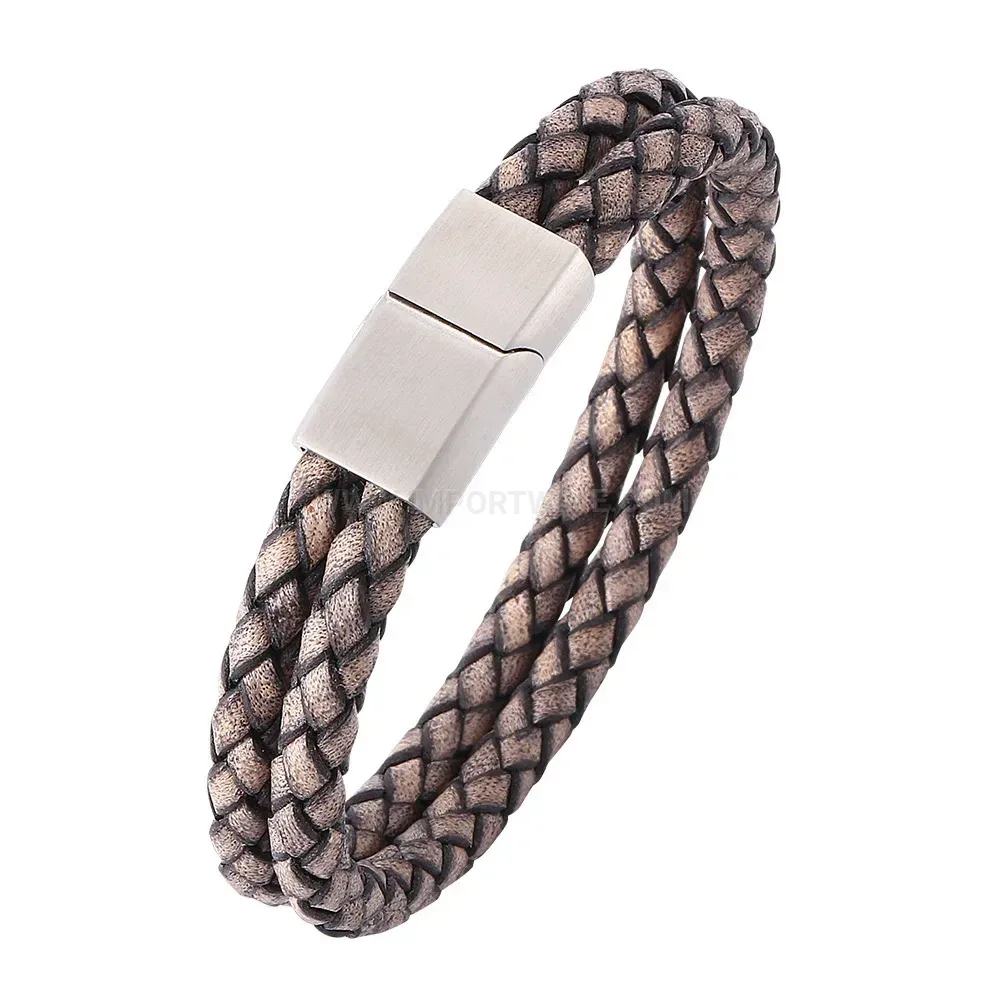 Vintage Stainless Steel Magnetic Clasp Leather Wristband Accent