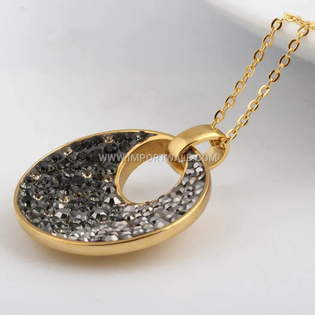 Vintage Hollow Round Stainless Steel Rhinestone Pendant Necklace