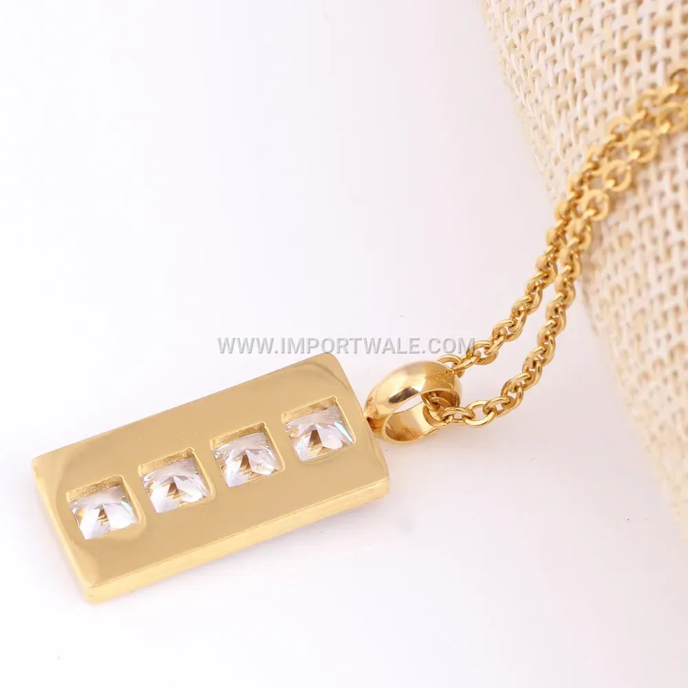 18K Gold Plated Stainless Steel Rectangular Zircon Inlaid Pendant Necklace