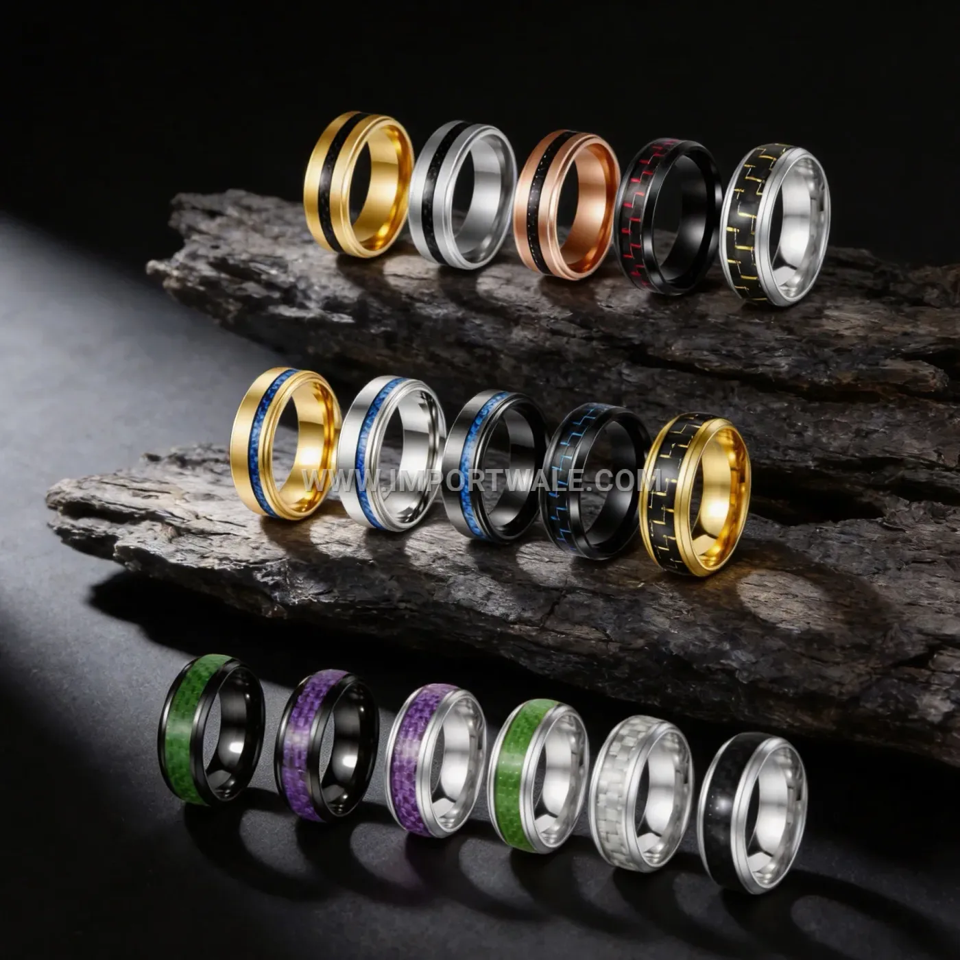 Brushed Rainbow Stainless Steel Faceted W Pattern Band Ring