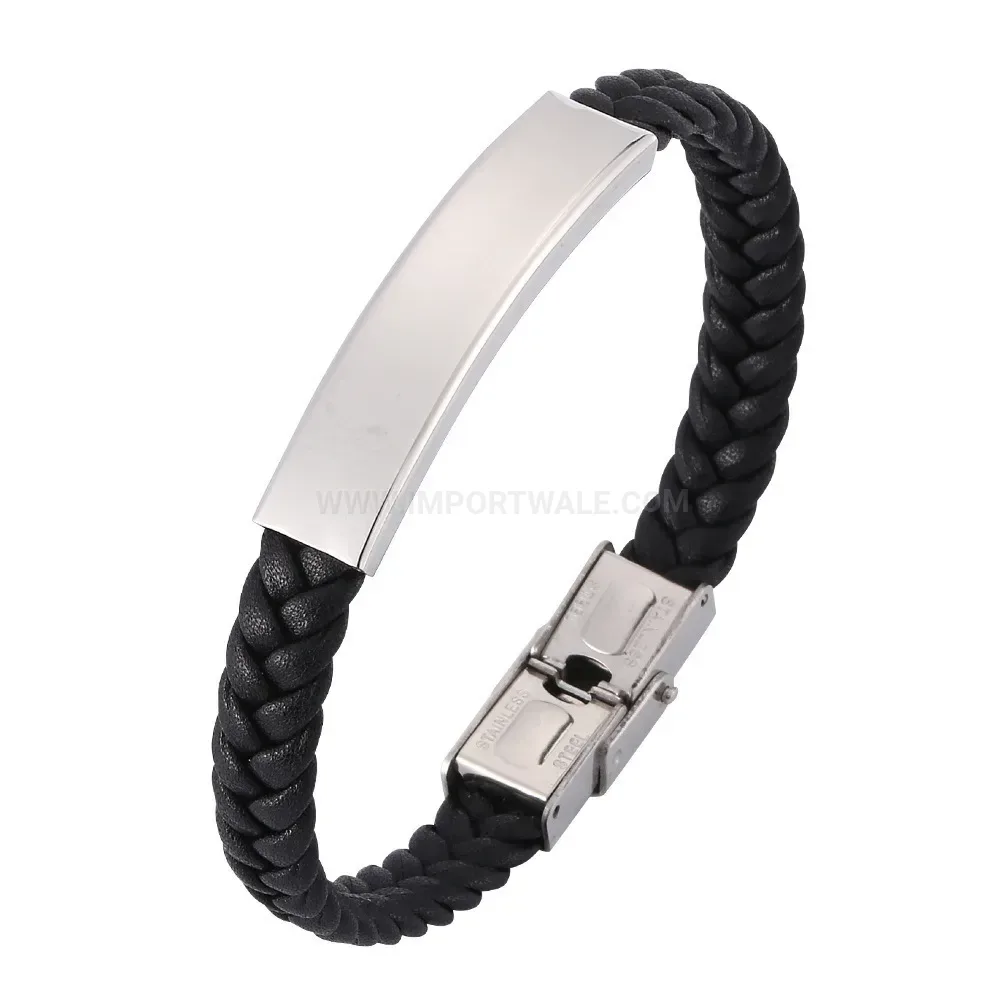 Woven Black Leather and Stainless Steel Minimalist Bracelet