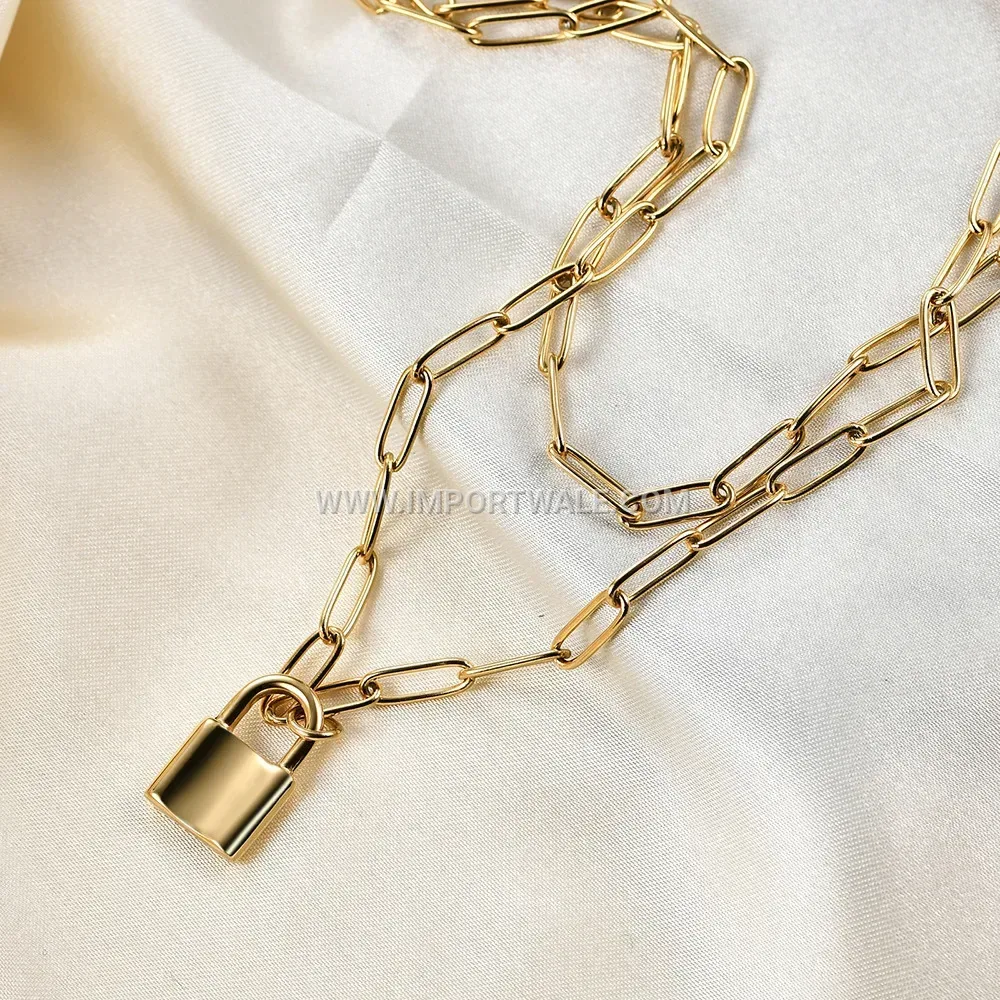 Stainless Steel Flat Cable Chain Padlock Pendant Necklace