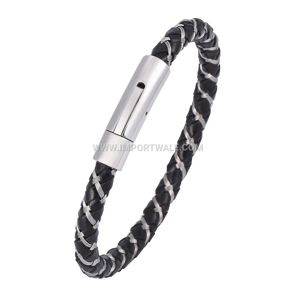 Braided Black Leather Band with Steel Wire Accent Bracelet