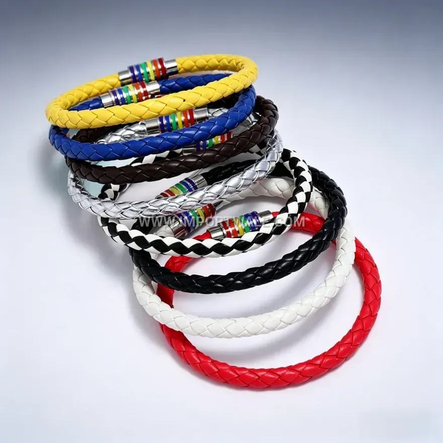 Braided Rainbow Accent PU Leather Wristband With Magnetic Clasp