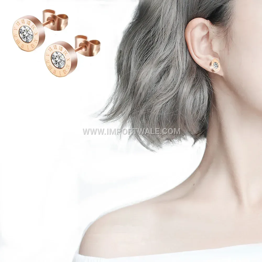 Roman Numeral Solitaire Zircon Stainless Steel Stud Earrings