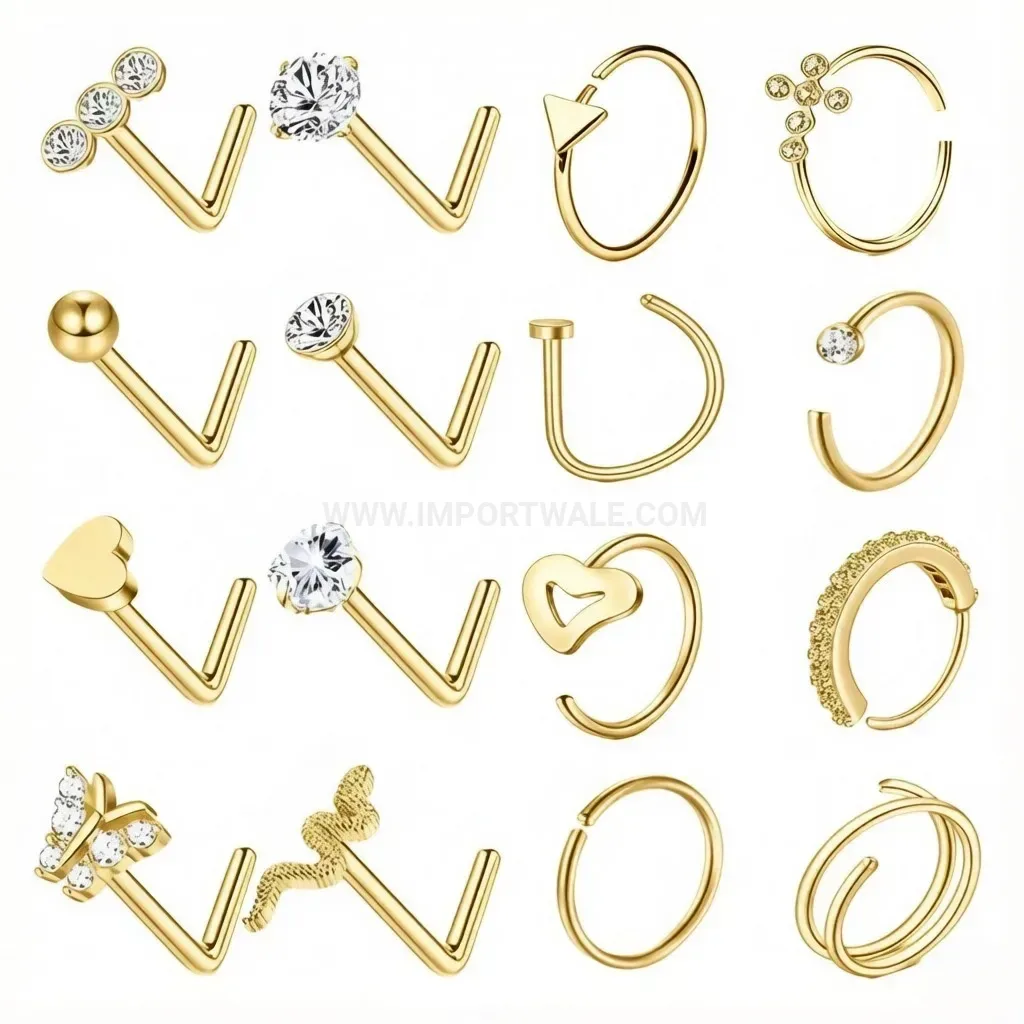 Modern Geometric Stainless Steel L-Shaped Nose Ring and Stud Set
