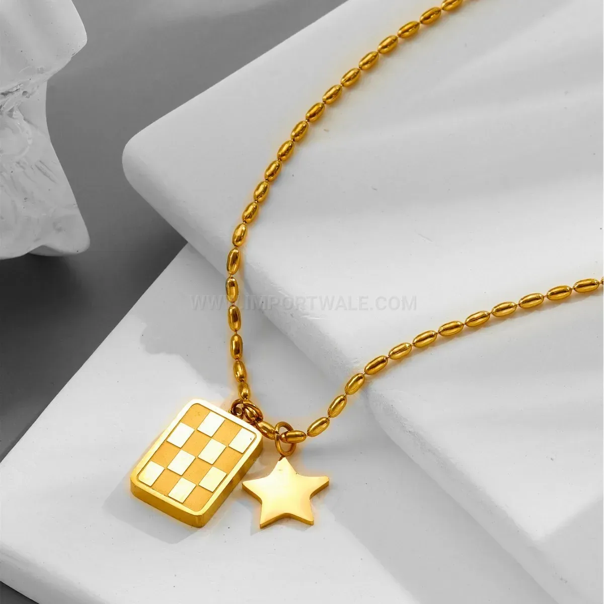 Fashion Gold Plated Titanium Steel Checkerboard Square Pendant Necklace