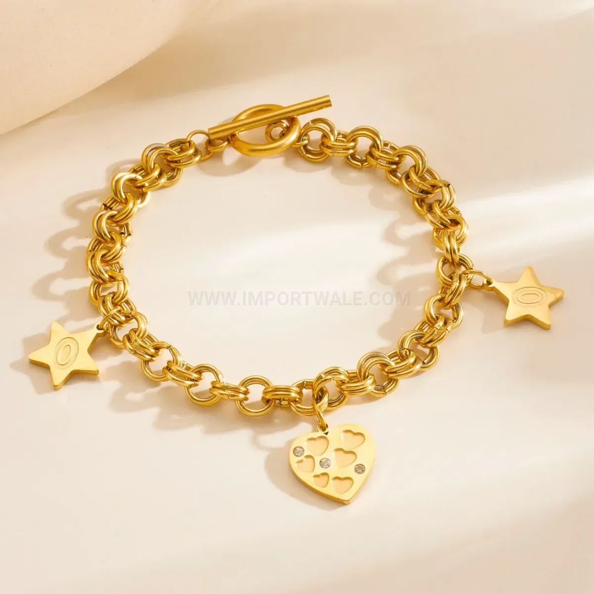Heart Charm Stainless Steel Chain Link Couple Bracelet