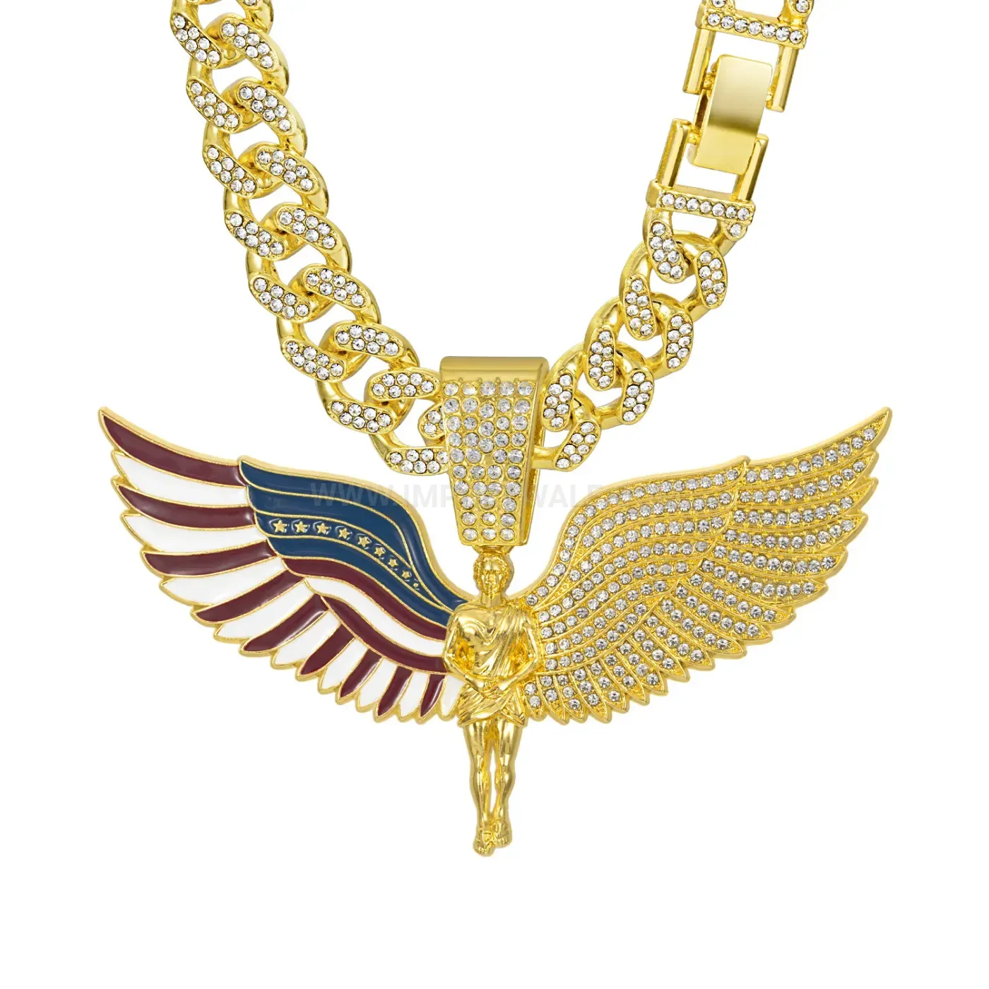 Iced Out Angel Wings US Flag Pendant Cuban Chain Necklace