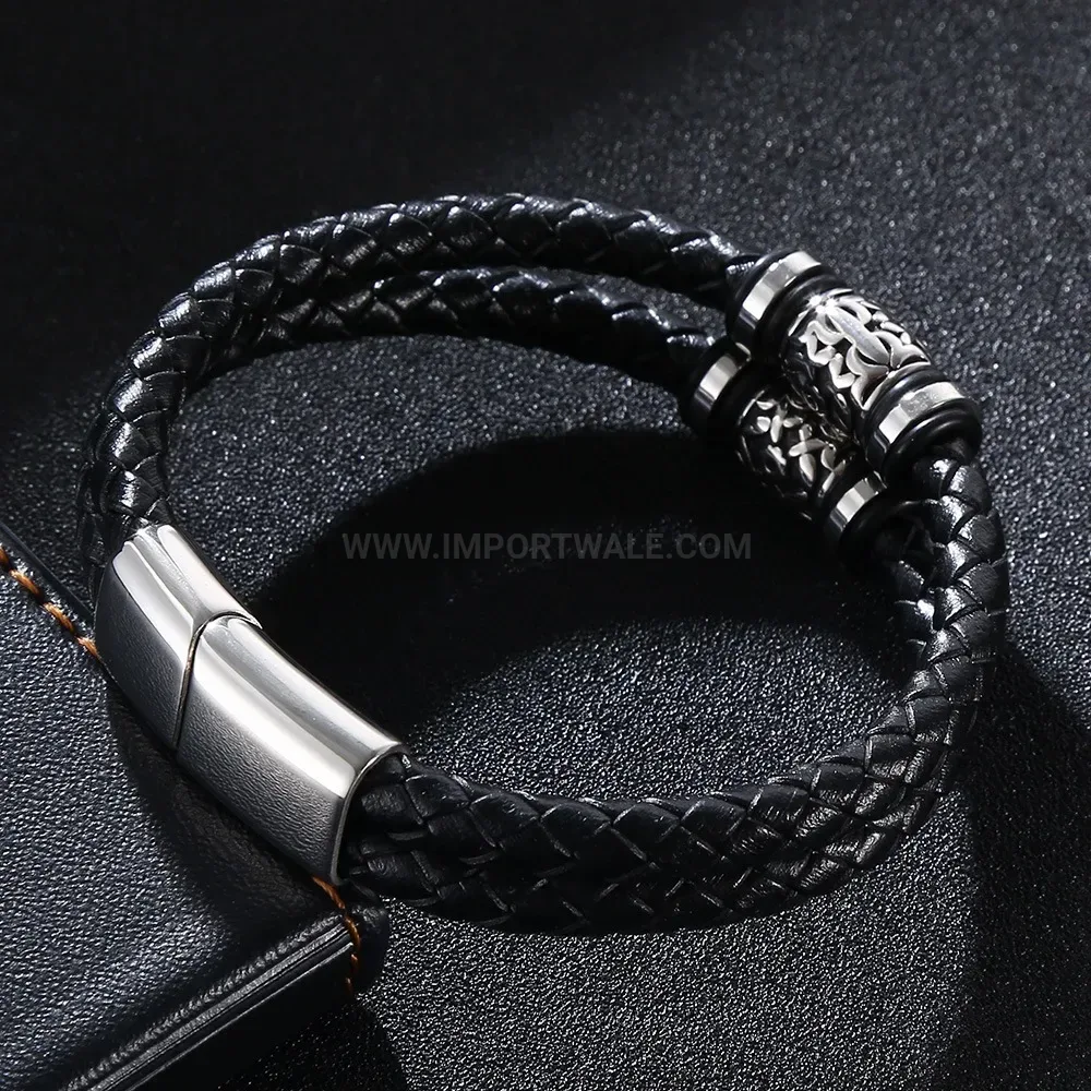 Multi Layer Woven Leather Stainless Steel Mens Bracelet