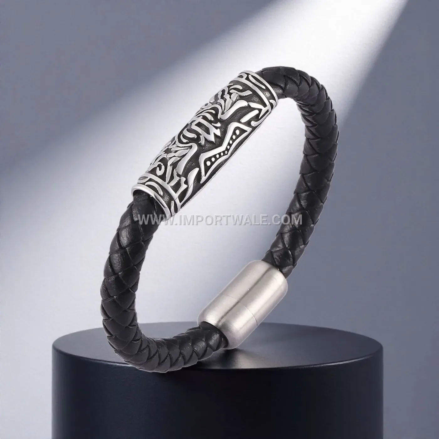 Retro Black Braided Leather Stainless Steel Men's Wristband Bracelet