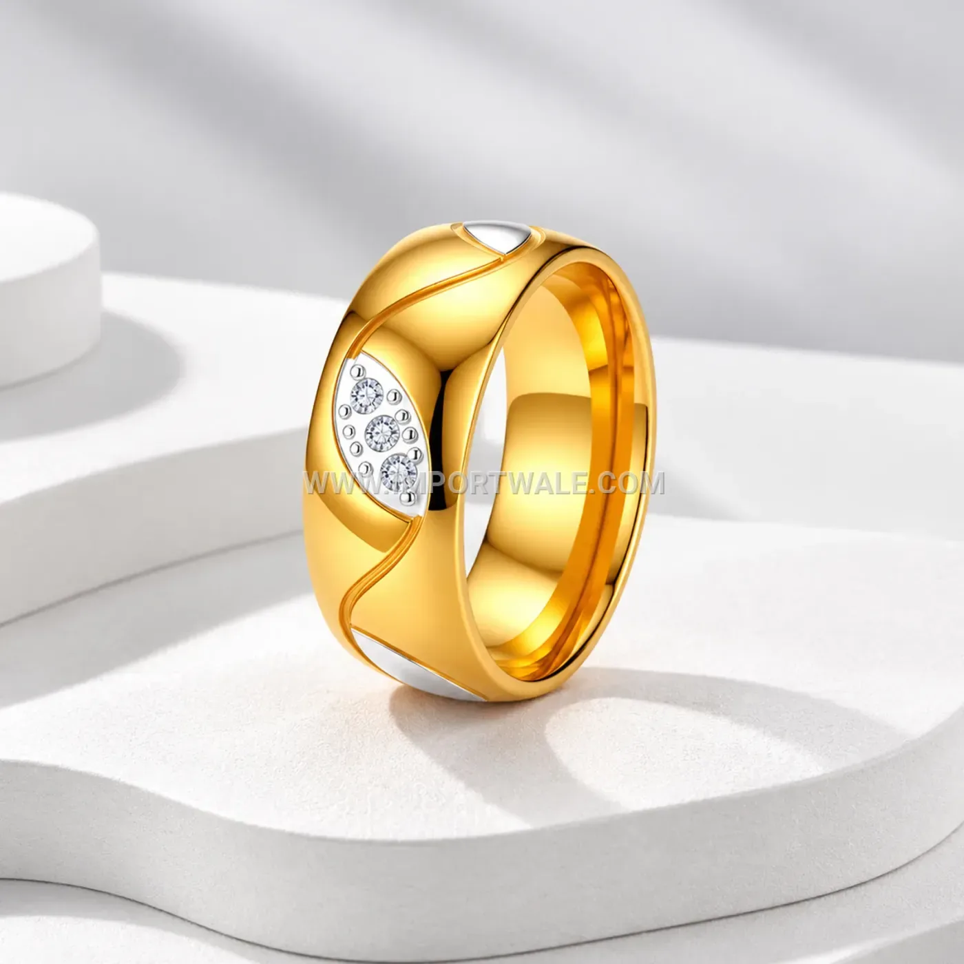 Wave Pattern Stainless Steel Rhinestone Band Ring