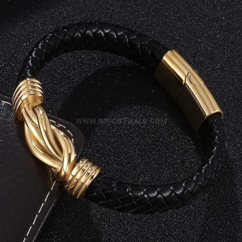 Double-Ring Interlocking Leather Bracelet with Gold-Plated Magnetic Clasp