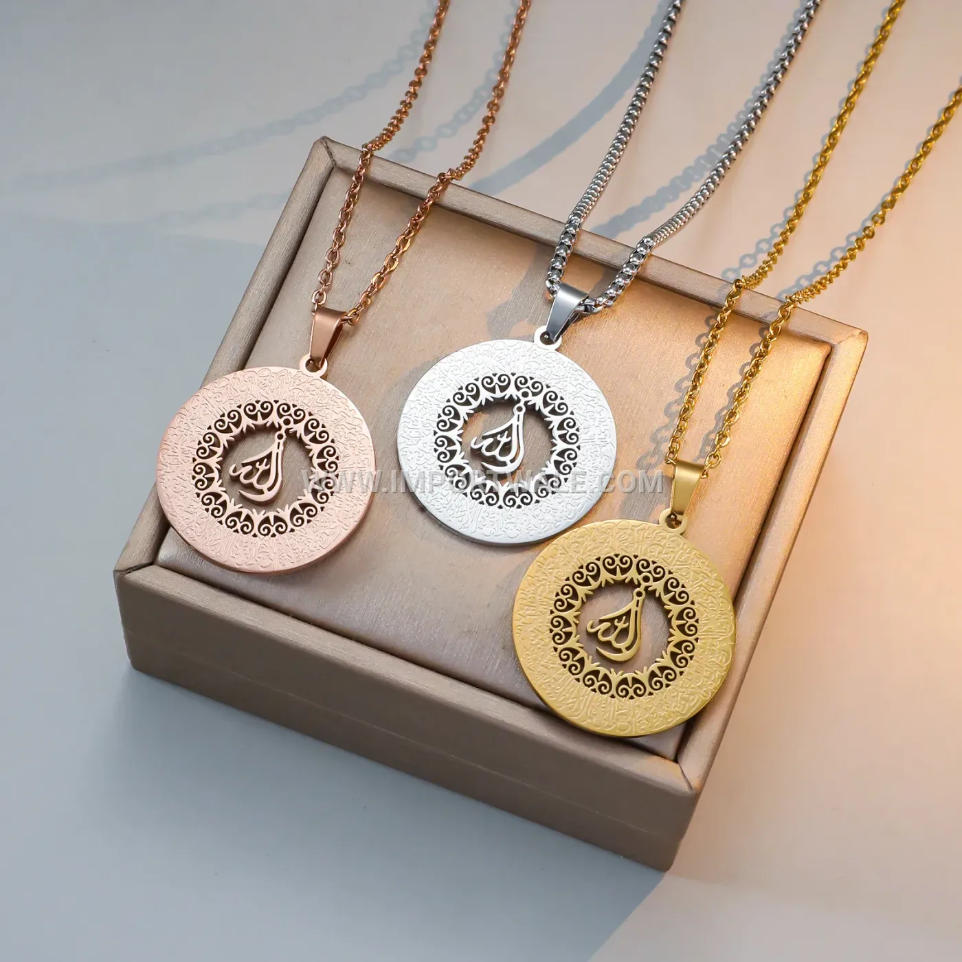 Octagonal Stainless Steel Islamic Calligraphy Pendant Gold Plated Necklace