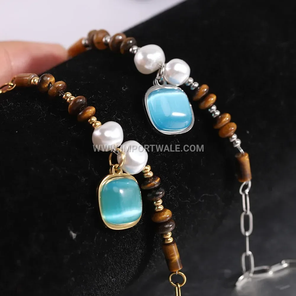 Square Sapphire Stainless Steel Beaded Charm Bracelet