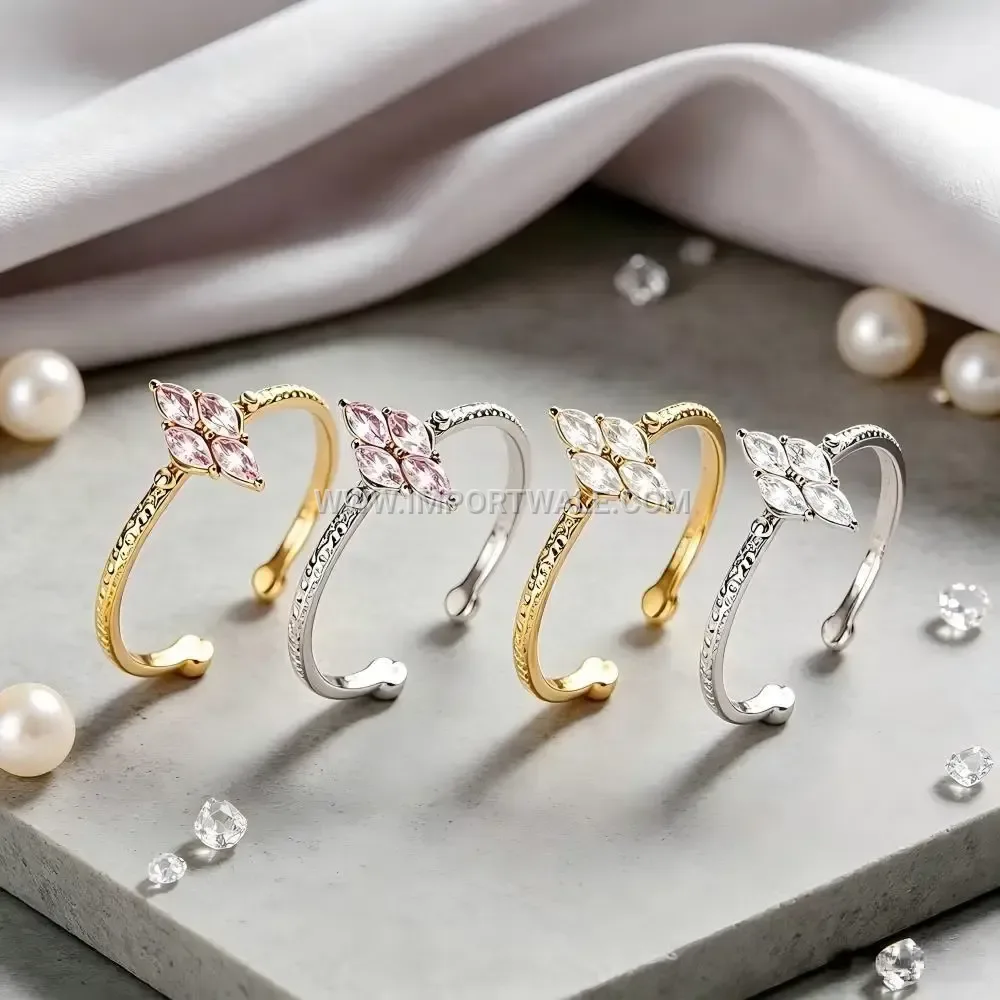 Floral Diamond Accent Open Stainless Steel Band