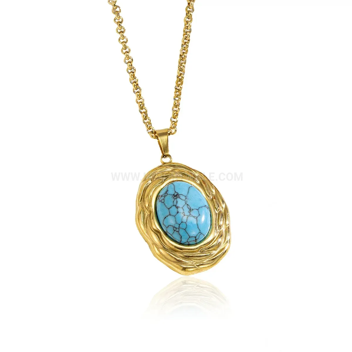 Trendy Vintage Turquoise Oval Pendant Titanium Steel Chain Necklace