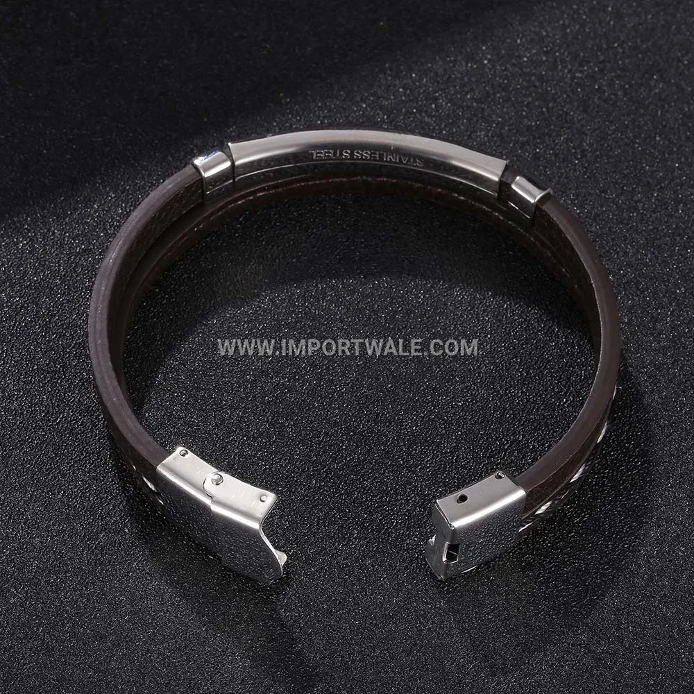 Woven Brown PU Leather Stainless Steel Accent Bangle