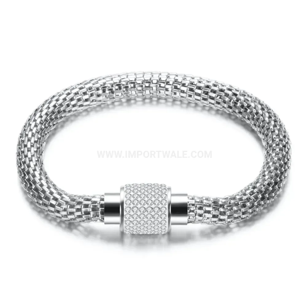 Vintage Cable Stainless Steel Bangle Bracelet with Rhinestones
