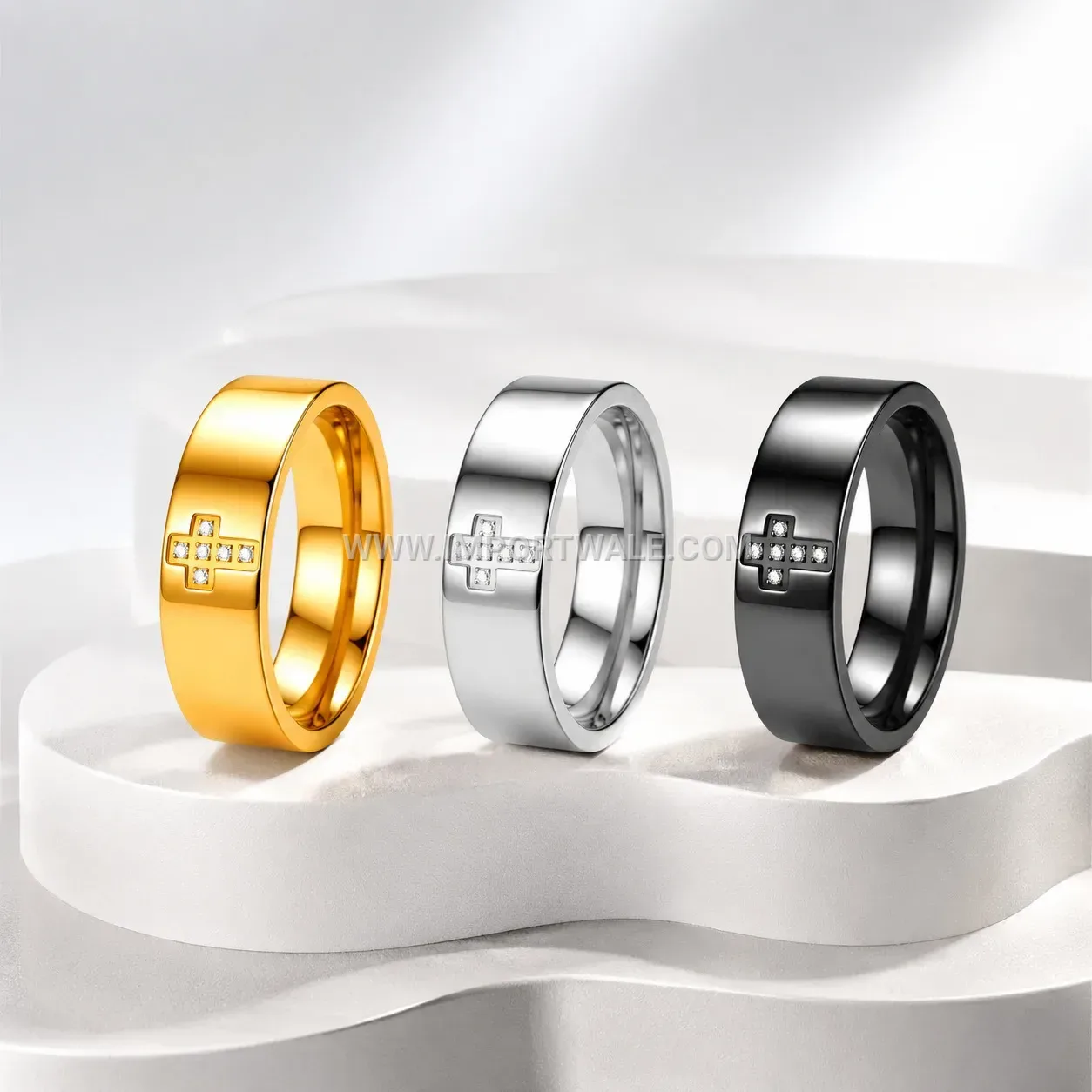 Stainless Steel Pavé Rhinestone Cross Band Ring