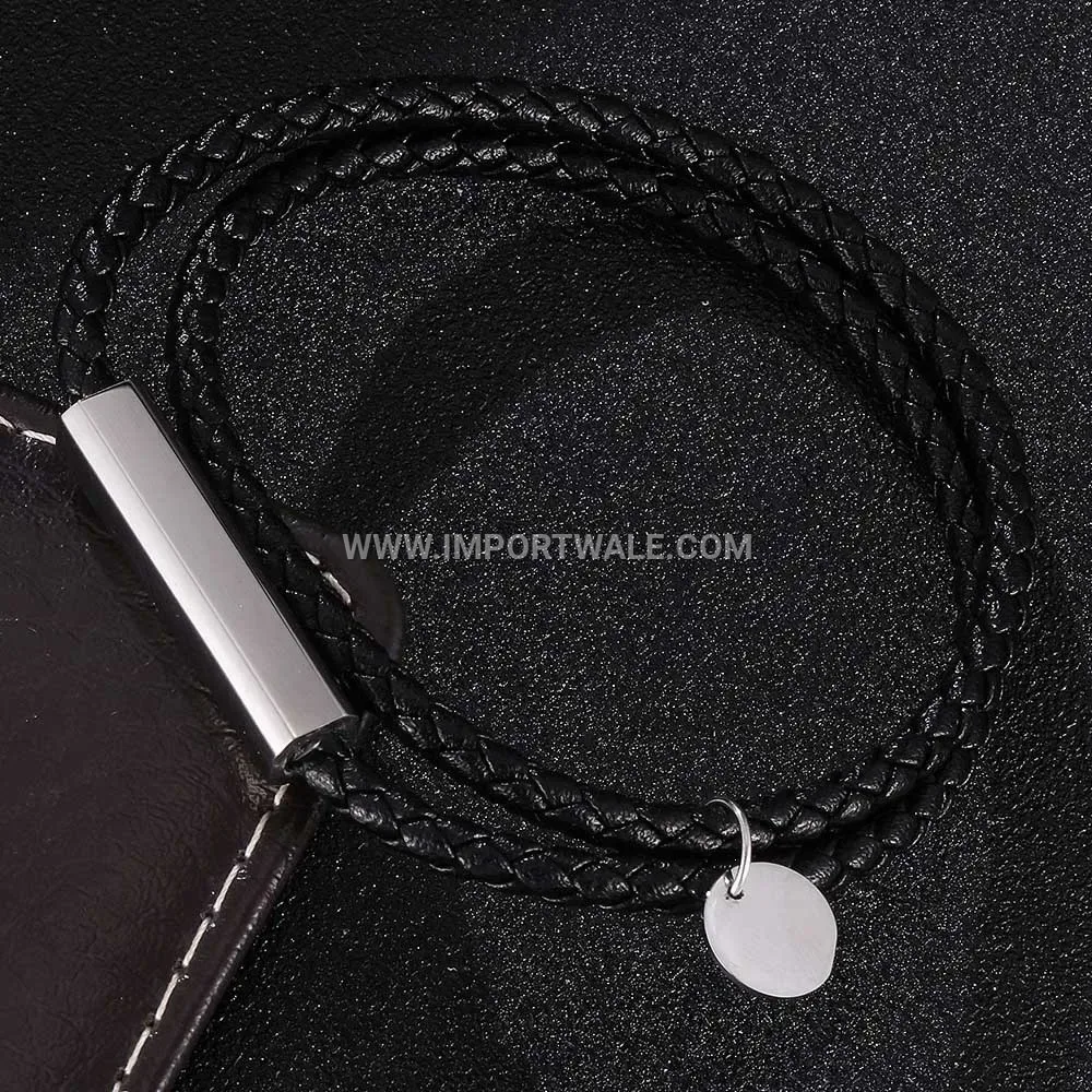 Dual-Strand Leather Wrap Bracelet with Stainless Steel Magnetic Clasp
