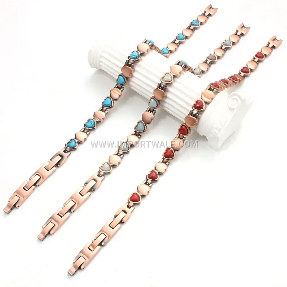 Vintage Heart Inlaid Natural Stone Red Copper Magnetic Bracelet