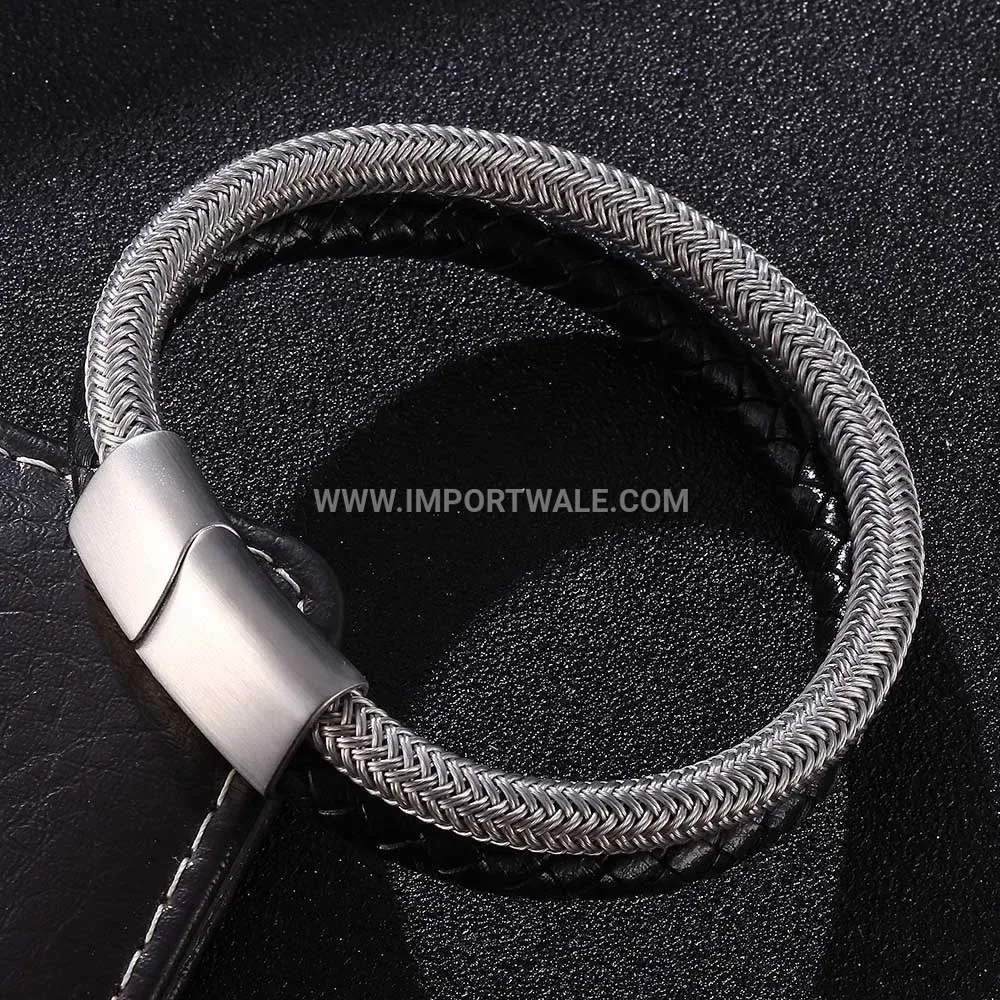 Steel Wire and Black Leather Combination Bracelet with Magnetic Clasp