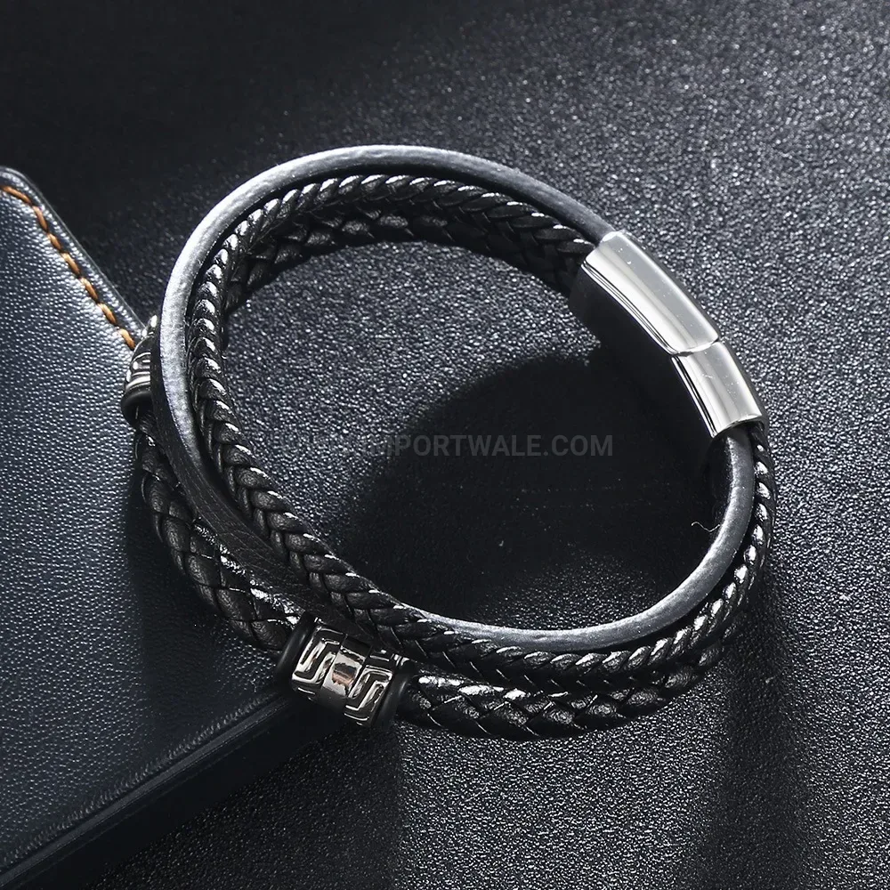 Woven Leather Bracelet with Stainless Steel Magnetic Clasp