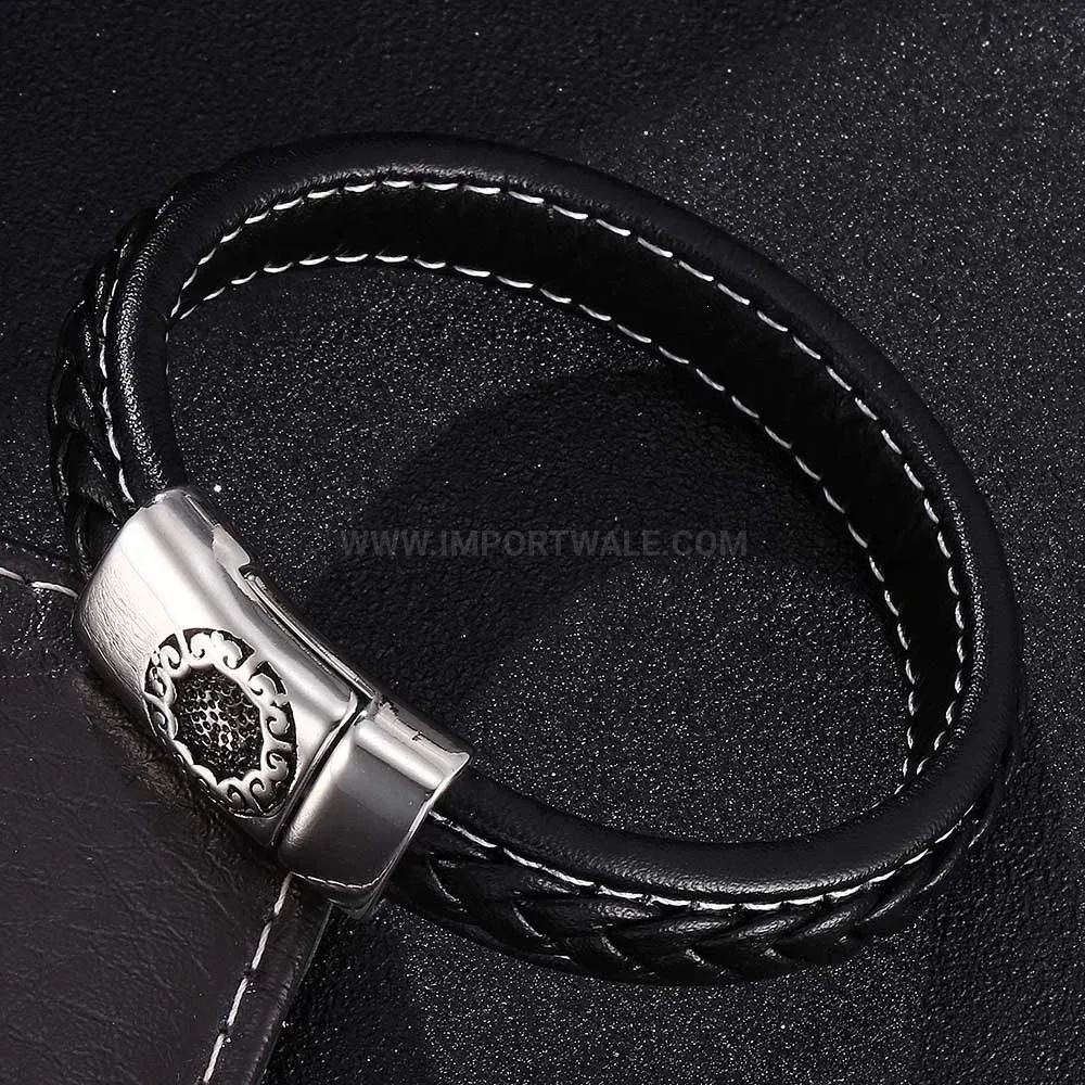 Contemporary Black Leather Band Bracelet with Stainless Steel Magnetic Clasp