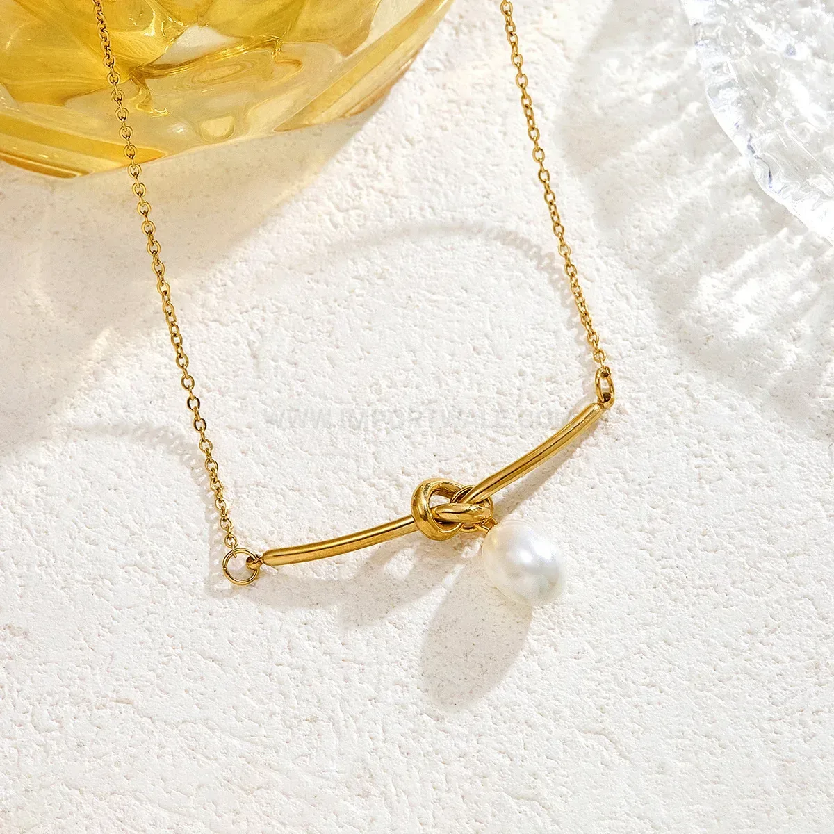Fashion Gold Pearl Knot Bowknot Stainless Steel Pendant Necklace