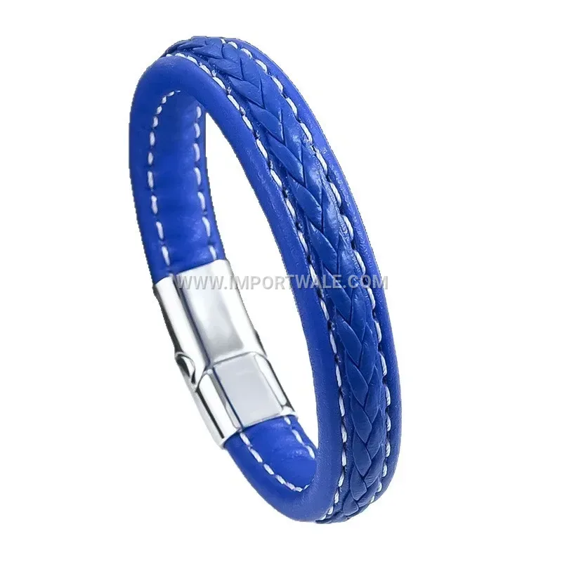 Multi Strand Woven Leather Wristband with Metallic Clasp