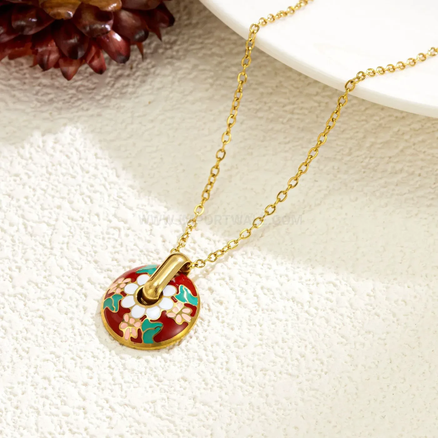 Elegant Vintage Red Flower Green Leaf Enamel Titanium Steel Necklace Set